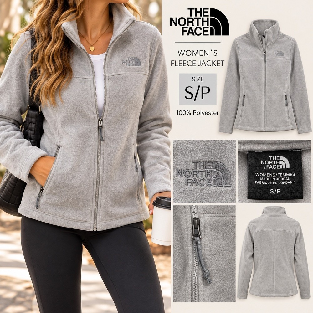 The North Face Womens Gray Full Zip Fleece Jacket Small Mock Neck Soft Shell
